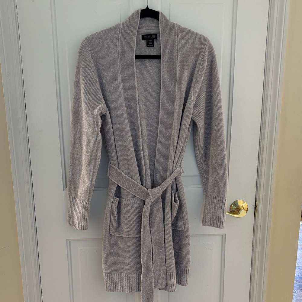 Rachel Zoe Light Gray Chenille Ribbed Tie-Waist Open Cardigan